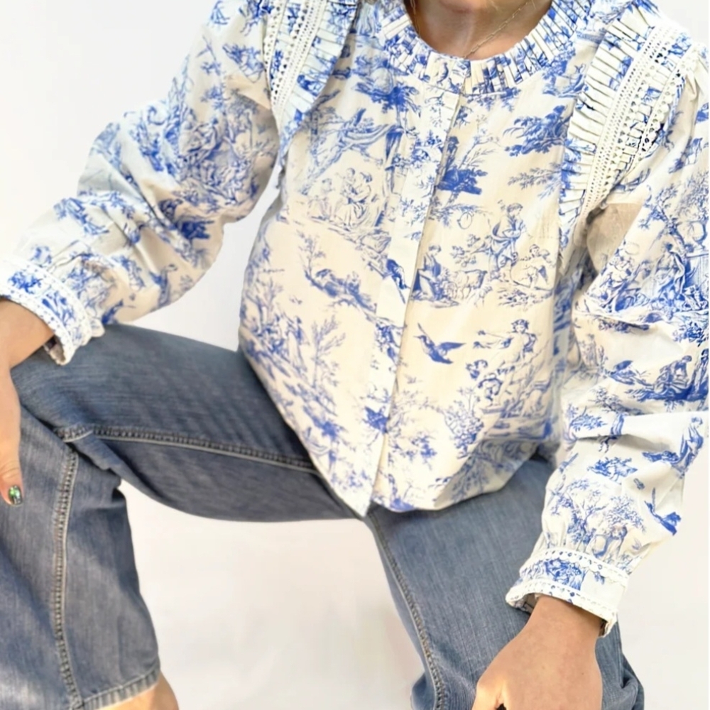 Blue & White Toile Print Peasant Blouse